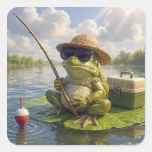 Frog Fishing From a Lily Pad Square Sticker