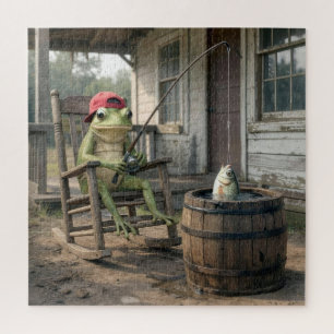 Frog Fishing in a Whiskey Barrel Jigsaw Puzzle