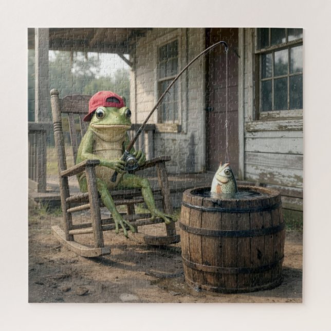 Frog Fishing in a Whiskey Barrel Jigsaw Puzzle (Vertical)