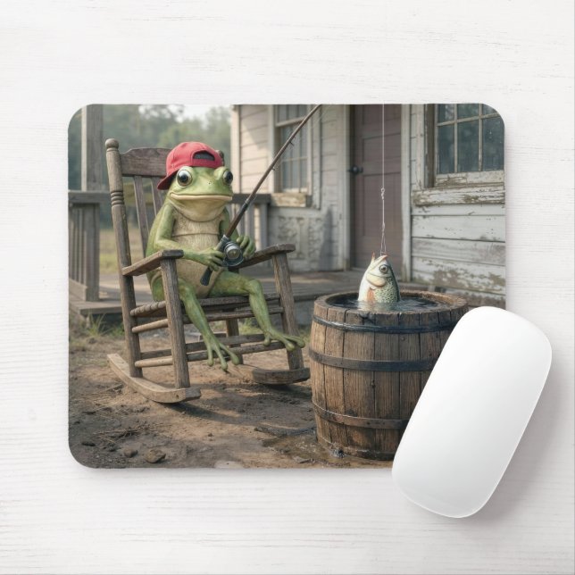 Frog Fishing in a Whiskey Barrel Mouse Pad (With Mouse)