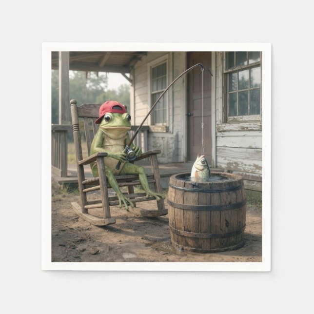 Frog Fishing in a Whiskey Barrel Napkin (Front)