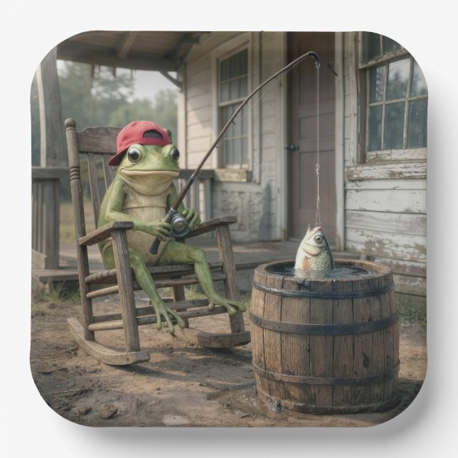 Frog Fishing in a Whiskey Barrel Paper Plate (Front)