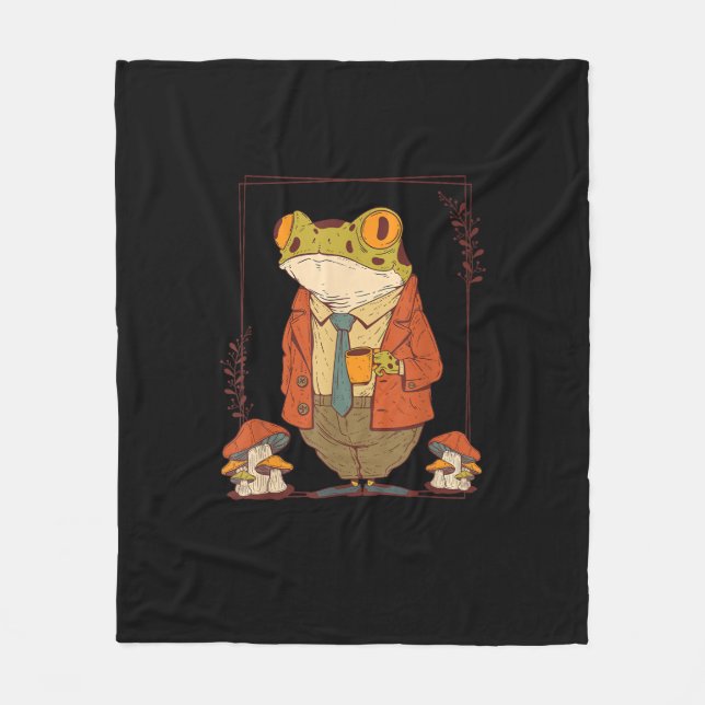 Frog Goblincore Academia Aesthetic Mushroom Fleece Blanket (Front)