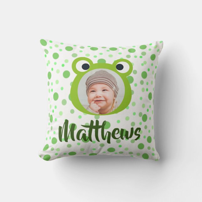 Frog Green Dots kid Name Photo Throw Pillow (Front)