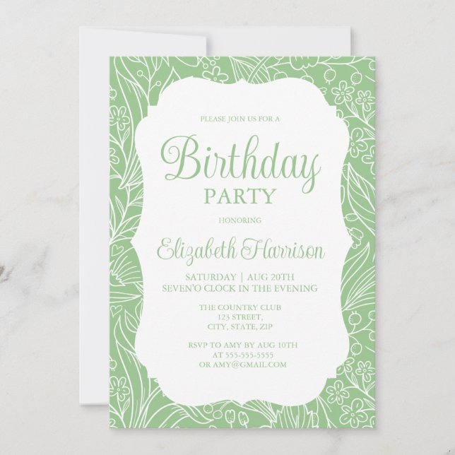 Frog Green White Flora Woman Birthday Party Invitation (Front)
