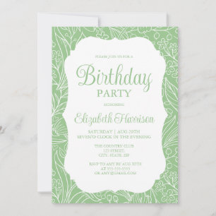 Frog Green White Flora Woman Birthday Party Invitation