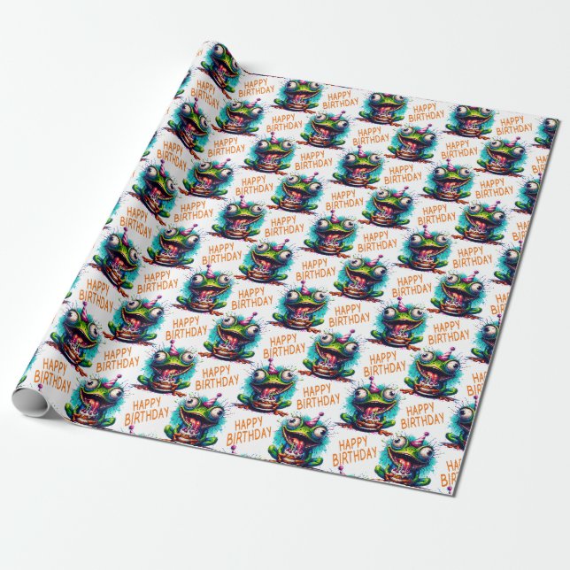 Frog Happy Birthday Gift Wrapping Paper Roll (Unrolled)