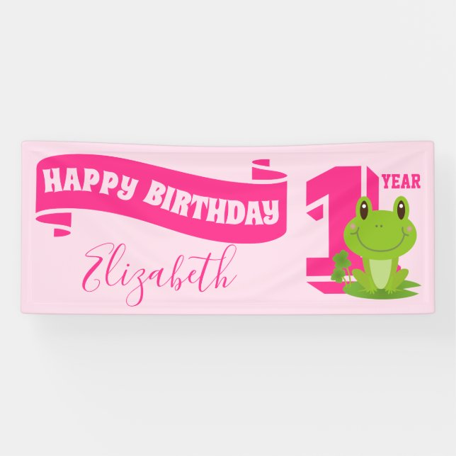 Frog Happy Birthday One year old girl cute pink Banner (Horizontal)