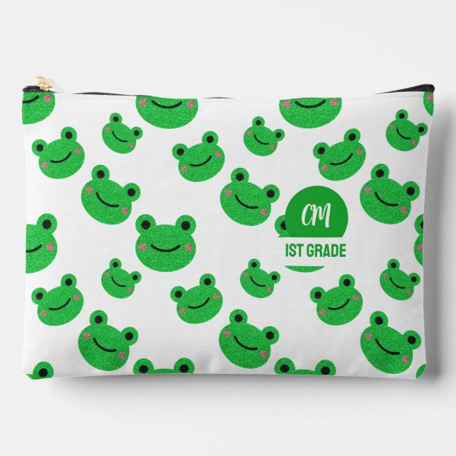 Frog Happy Face Pattern Green Monogram School Accessory Pouch (Front)