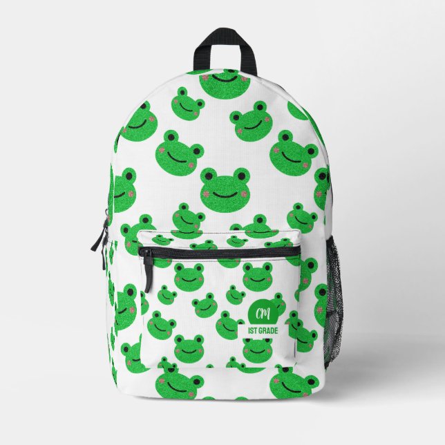 Frog Happy Face Pattern Green Monogram School Printed Backpack (Front)