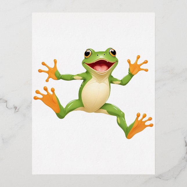 Frog Happy Playful Fun Jumping In The Air Joyful Foil Holiday Postcard (Front)
