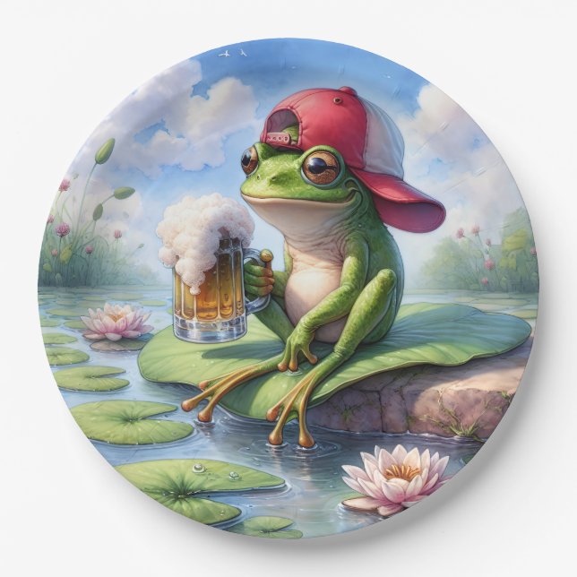 Frog Holding a Mug of Beer Paper Plate (Front)
