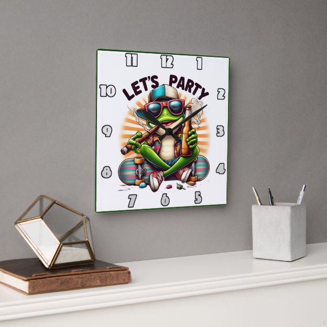 Frog in a cap enjoying a party on a skateboard square wall clock (Office)