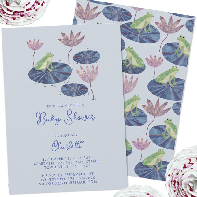 Frog in a Lily Pond Cute Baby Shower Invitation (Frog fun gender neutral boy or girl baby shower invitation with custom text)