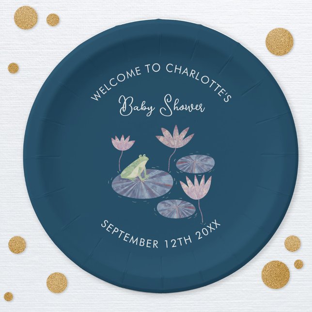 Frog in a Lily Pond Cute Baby Shower Paper Plate (Cute frog personalized baby shower party paper plate)