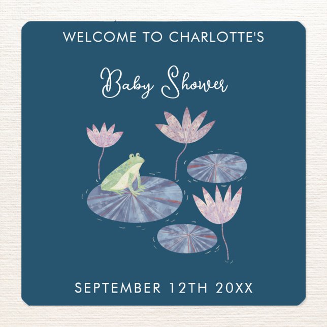 Frog in a Lily Pond Cute Baby Shower Square Sticker (Frog on a lily leaf personalized baby shower sticker)