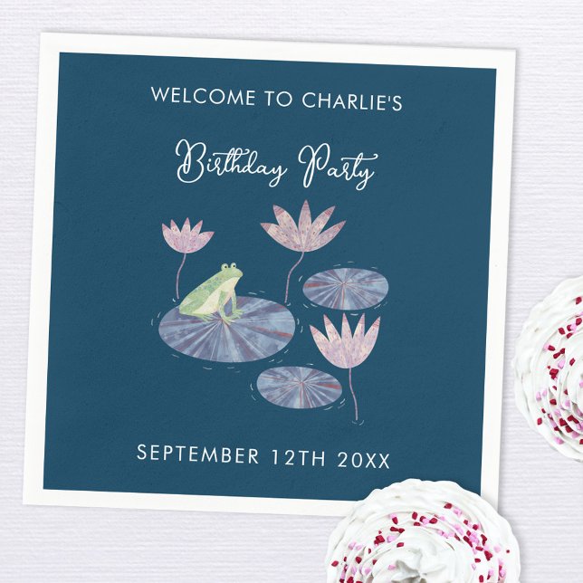 Frog in a Lily Pond Cute Birthday Party Napkin (Cute frog themed kid's birthday party personalized paper napkins)