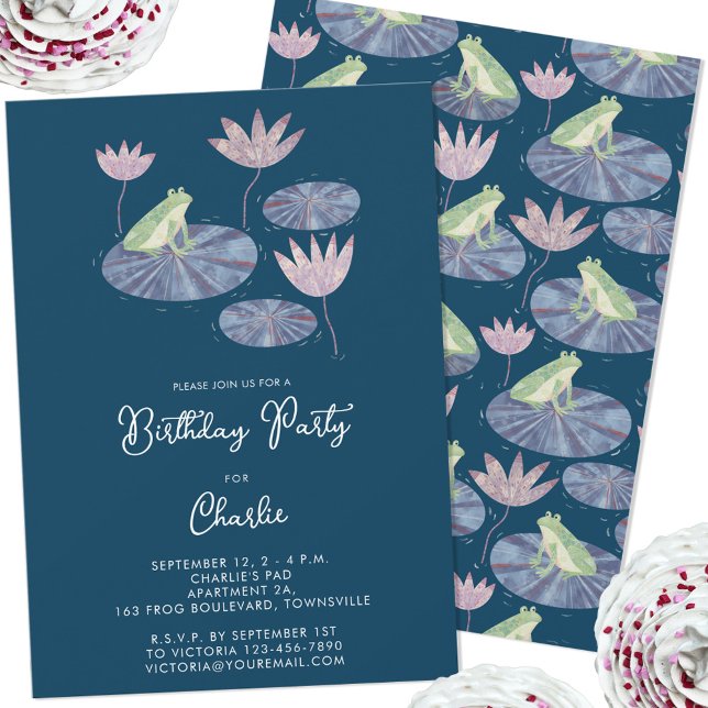 Frog in a Lily Pond Cute Kids Birthday Party Invitation (Cute frog themed personalized kids birthday party invitation)
