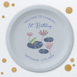 Frog in a Lily Pond Cute Kids First 1st Birthday Paper Plate