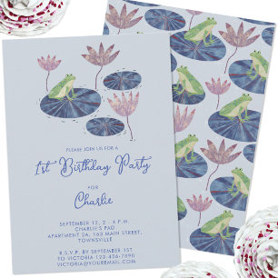 Frog in a Lily Pond Cute Kids First Birthday Party Invitation