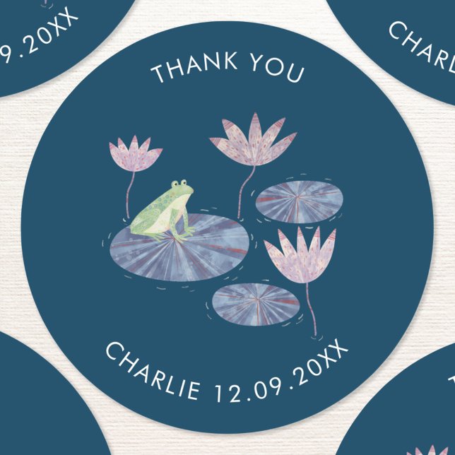 Frog in a Lily Pond Cute Thank You Classic Round Sticker (Cute frog themed party thank you stickers for birthday, baby shower and any celebration)
