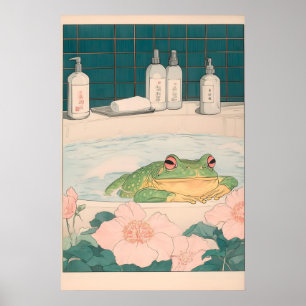 Frog in Bathtub Art Print Japandi Bathroom Wall