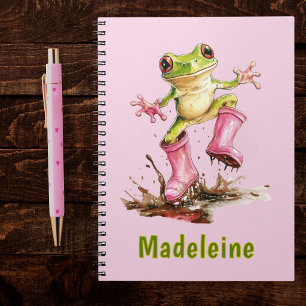 Frog in Cute Pink Boots in Puddle Monogram Child's Notebook