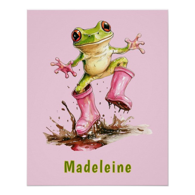 Frog in Cute Pink Boots in Puddle Monogram Child's Poster (Front)