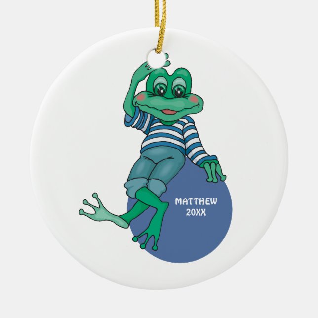 Frog in Jeans, Birthday, Polka Dots Ceramic Tree Decoration (Front)