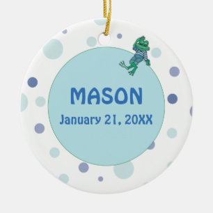 Frog in Jeans, Birthday, Polka Dots, Custom Name Ceramic Tree Decoration
