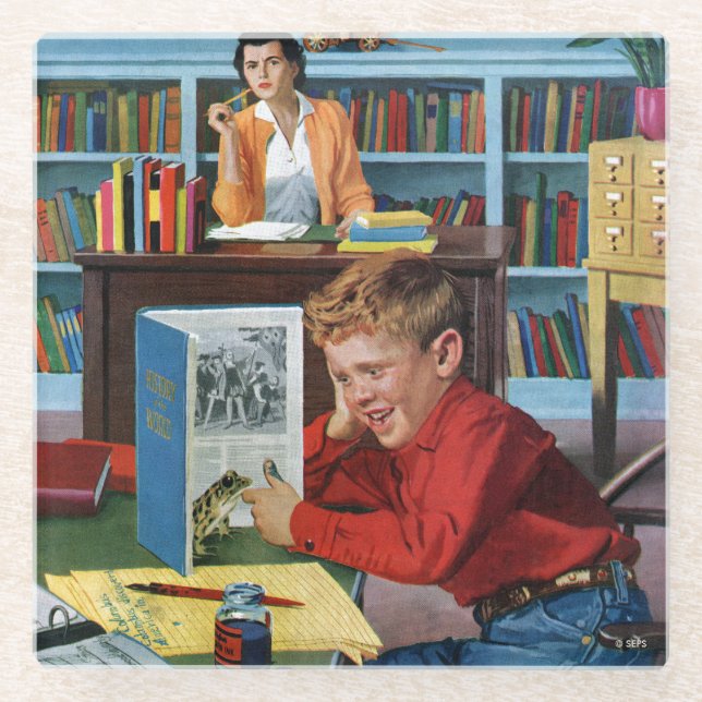 Frog in the Library Glass Coaster (Front)