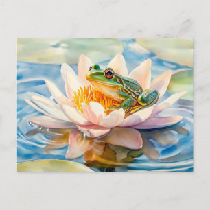 Frog in water lily blossom watercolor painting postcard