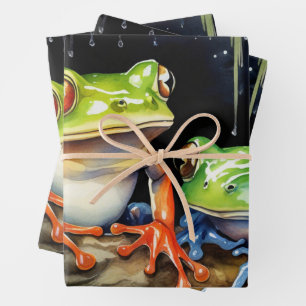 Frog in Watercolor Pond Scene Wrapping Paper Sheet