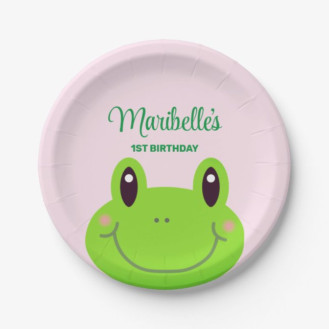 Frog Kids Birthday Party Cute Pink Paper Plate (Front)