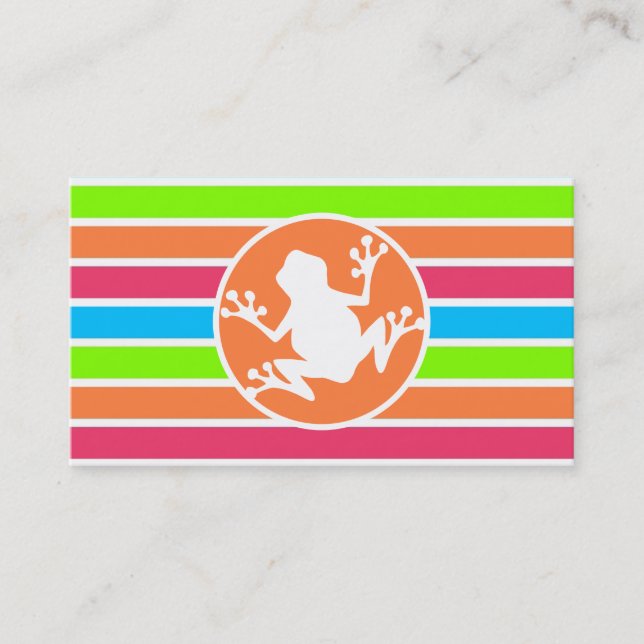 Frog; Neon Orange Pink Blue Green Stripes Business Card (Front)