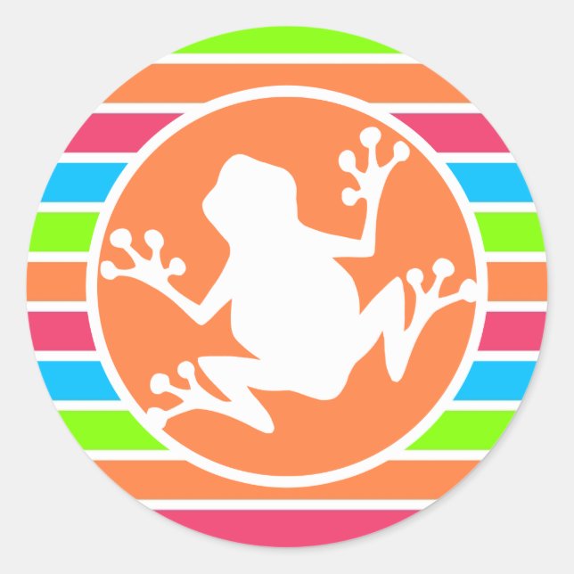 Frog; Neon Orange Pink Blue Green Stripes Classic Round Sticker (Front)