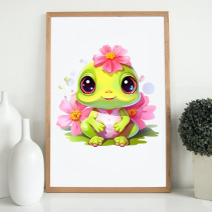 Frog Nursery Decor Cute Froglet with Pink Flowers