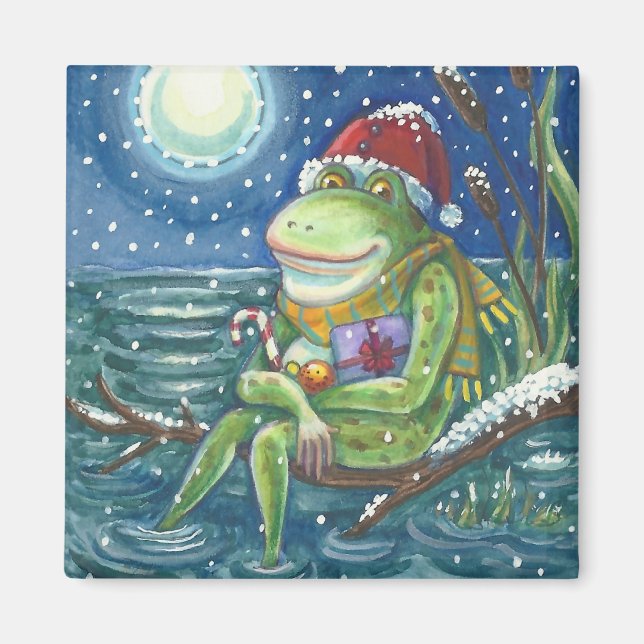 FROG ON A LOG, HOLIDAY MERRY CHRISTMAS MAGNET Squ (Front)