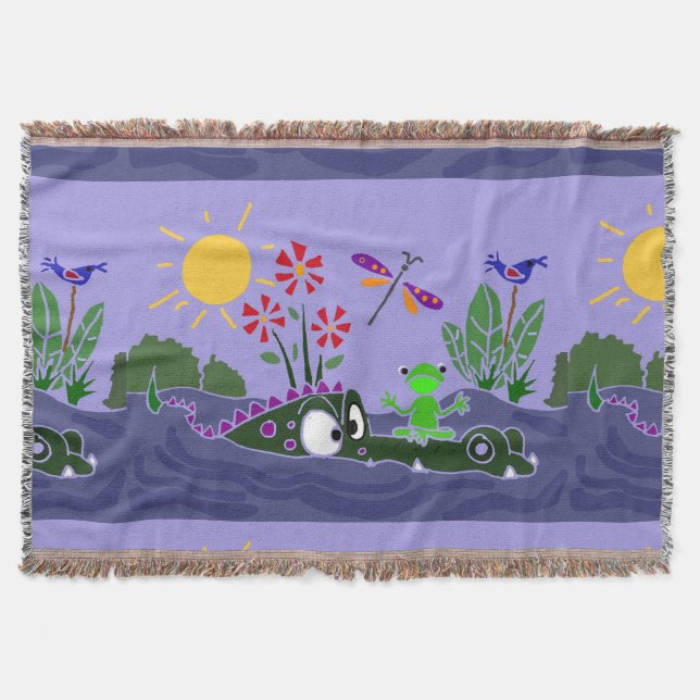 Frog on Alligator Nose Folk Art Throw Blanket (Front)