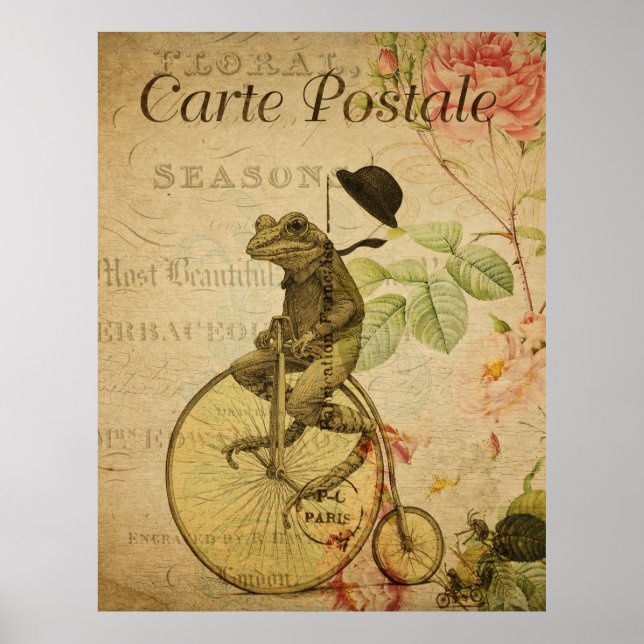 Frog on Bicycle Vintage French Postcard Poster (Front)