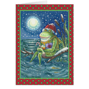 FROG ON LOG, CUTE GREEN SANTA, CATTAILS BLANK CARD