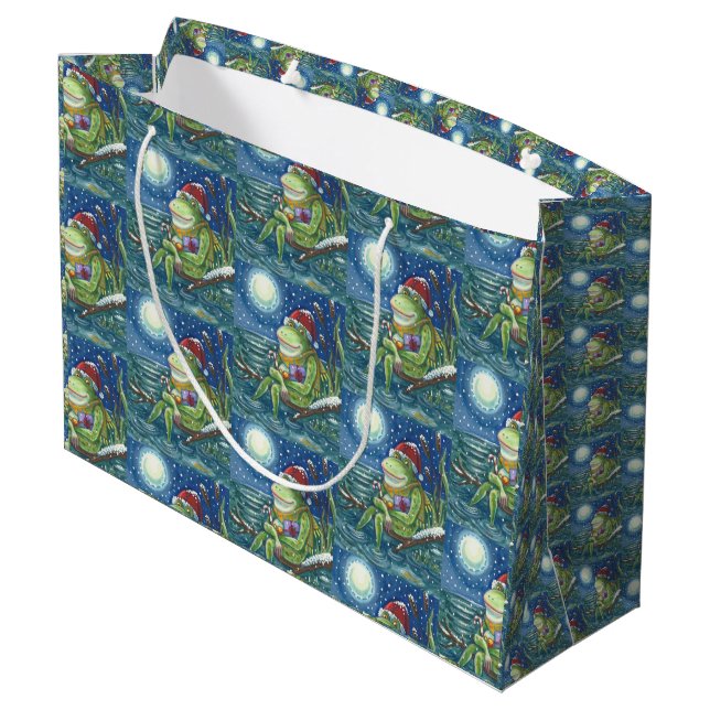 FROG ON LOG SANTA, CHRISTMAS LARGE GIFT BAG (Back Angled)