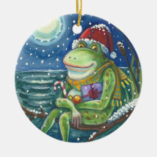 FROG ON LOG WARMS THE HEART, FUNNY, CUTE CHRISTMAS CERAMIC TREE DECORATION