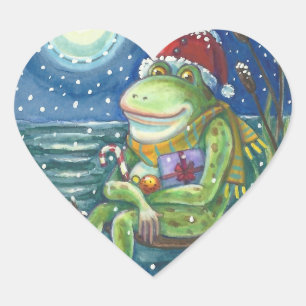 FROG ON LOG WARMS THE HEART, FUNNY, CUTE CHRISTMAS HEART STICKER