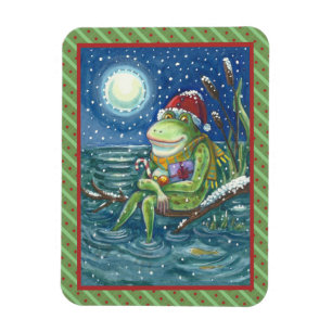 FROG ON LOG WARMS THE HEART, FUNNY, CUTE CHRISTMAS MAGNET