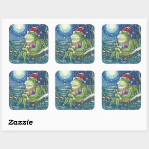FROG ON LOG WARMS THE HEART, FUNNY, CUTE CHRISTMAS SQUARE STICKER