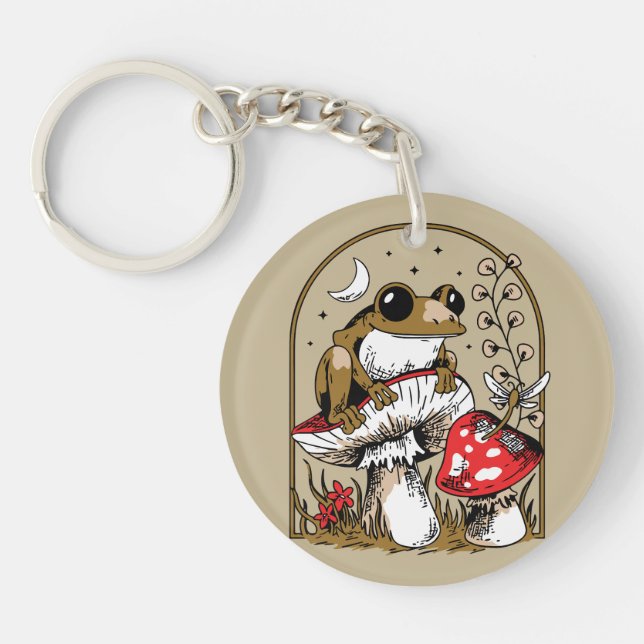 Frog on Mushroom Under Moonlit Sky Key Ring (Front)