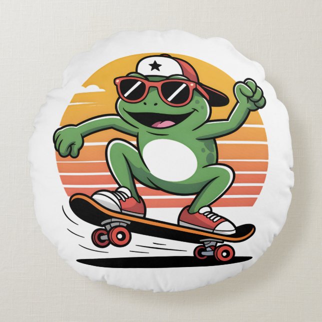Frog on skateboard round cushion (Front)
