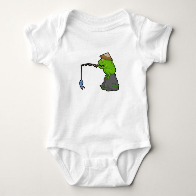 Frog on Stone at Fishing with Fishing rod & Fish Baby Bodysuit (Front)