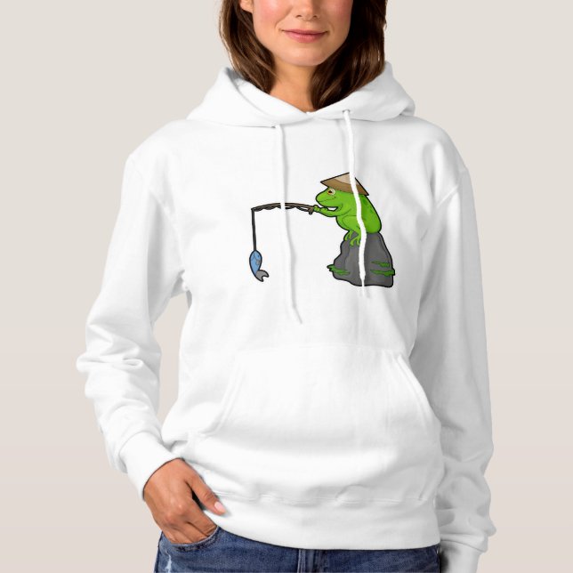 Frog on Stone at Fishing with Fishing rod & Fish Hoodie (Front)